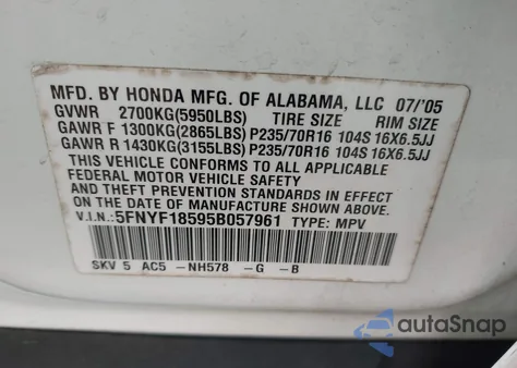 2005 Honda Pilot Ex-L z USA, uszkodzony, nr VIN 5FNYF18595B057961